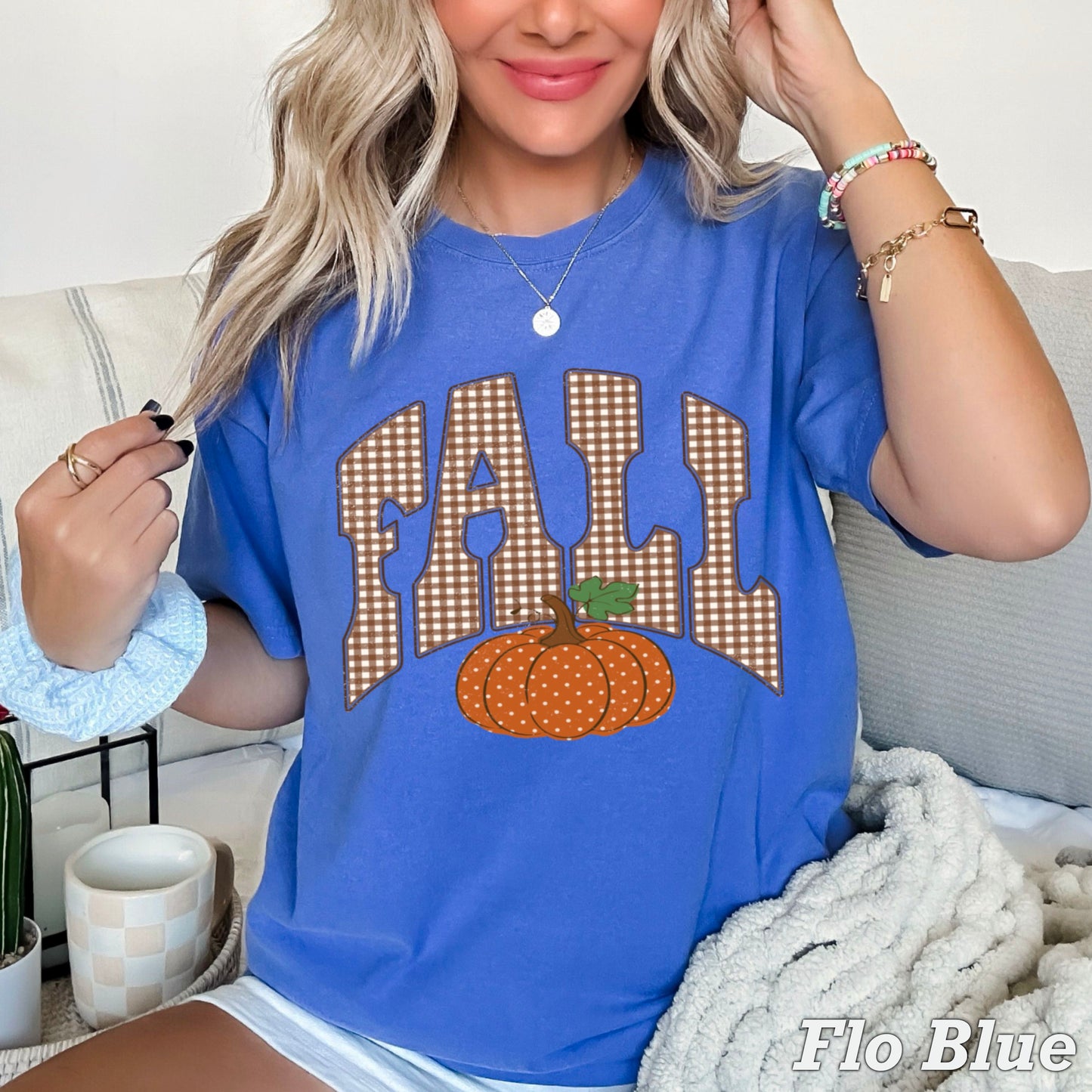 Gingham Fall Pumpkin Comfort Color Graphic Tee