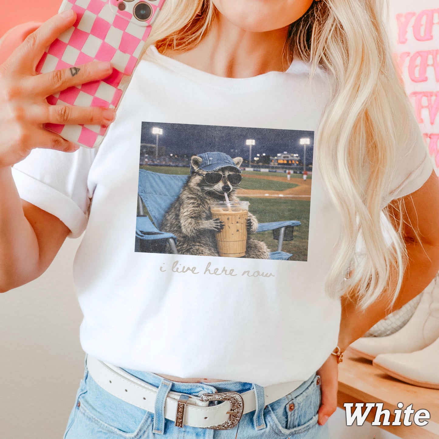 I Live Here Now Raccoon Baseball Comfort Color Graphic Tee