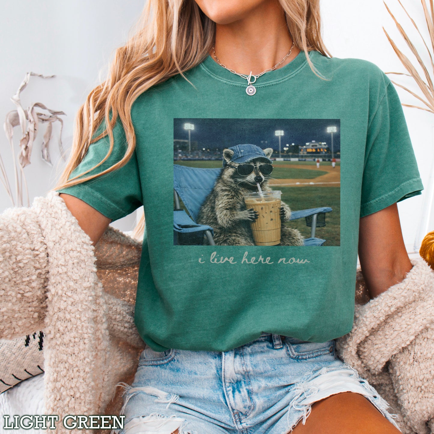I Live Here Now Raccoon Baseball Comfort Color Graphic Tee