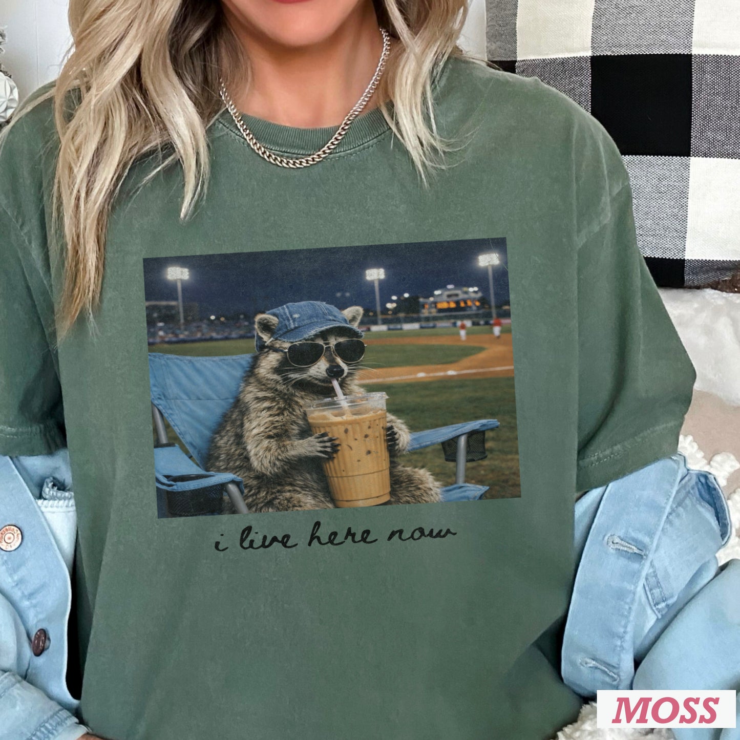 I Live Here Now Raccoon Baseball Comfort Color Graphic Tee