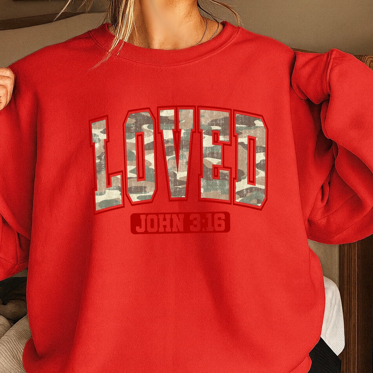 Camo Loved John 3:16 Valentine’s Day Crewneck Sweatshirt