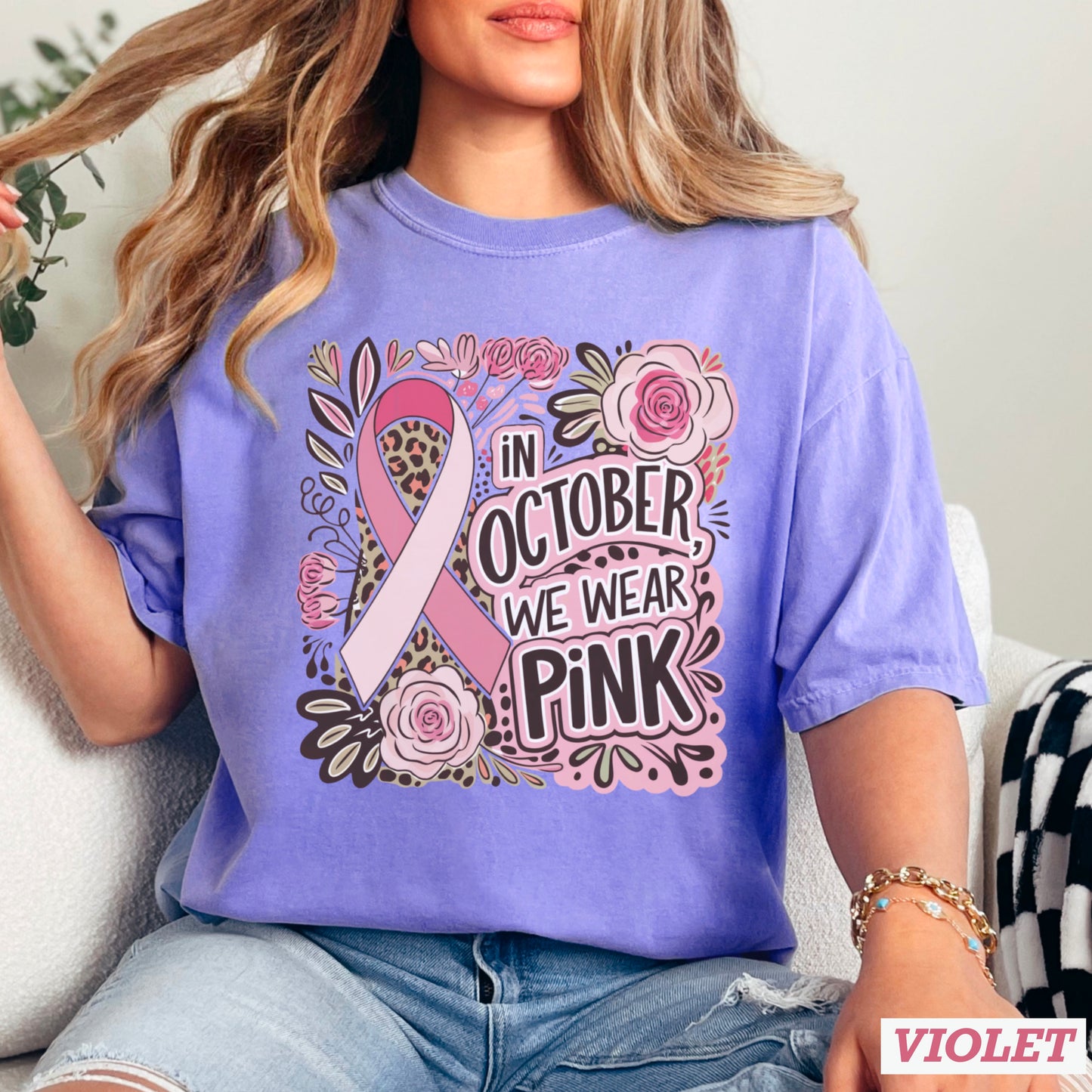 In October We Wear Pink Cancer Comfort Color Graphic Tee