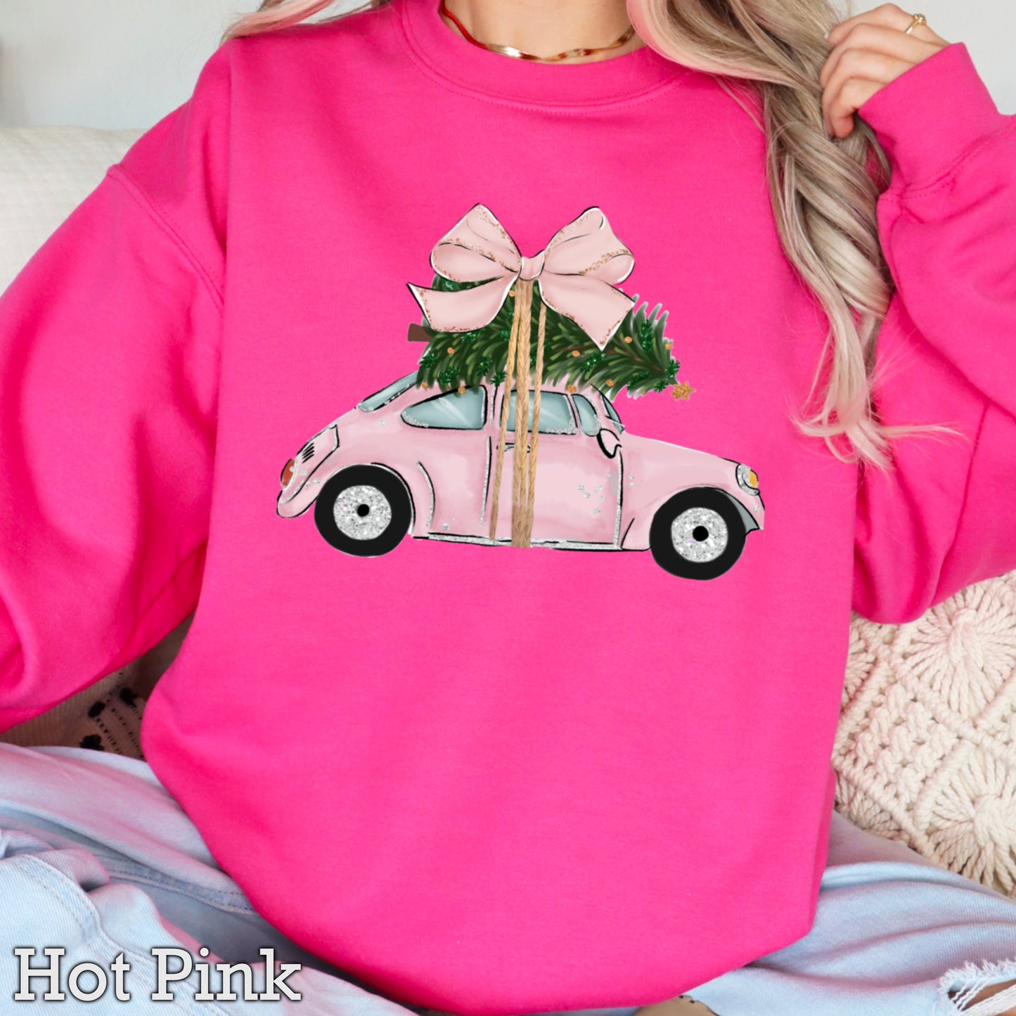 Pink Christmas Car Crewneck Sweatshirt