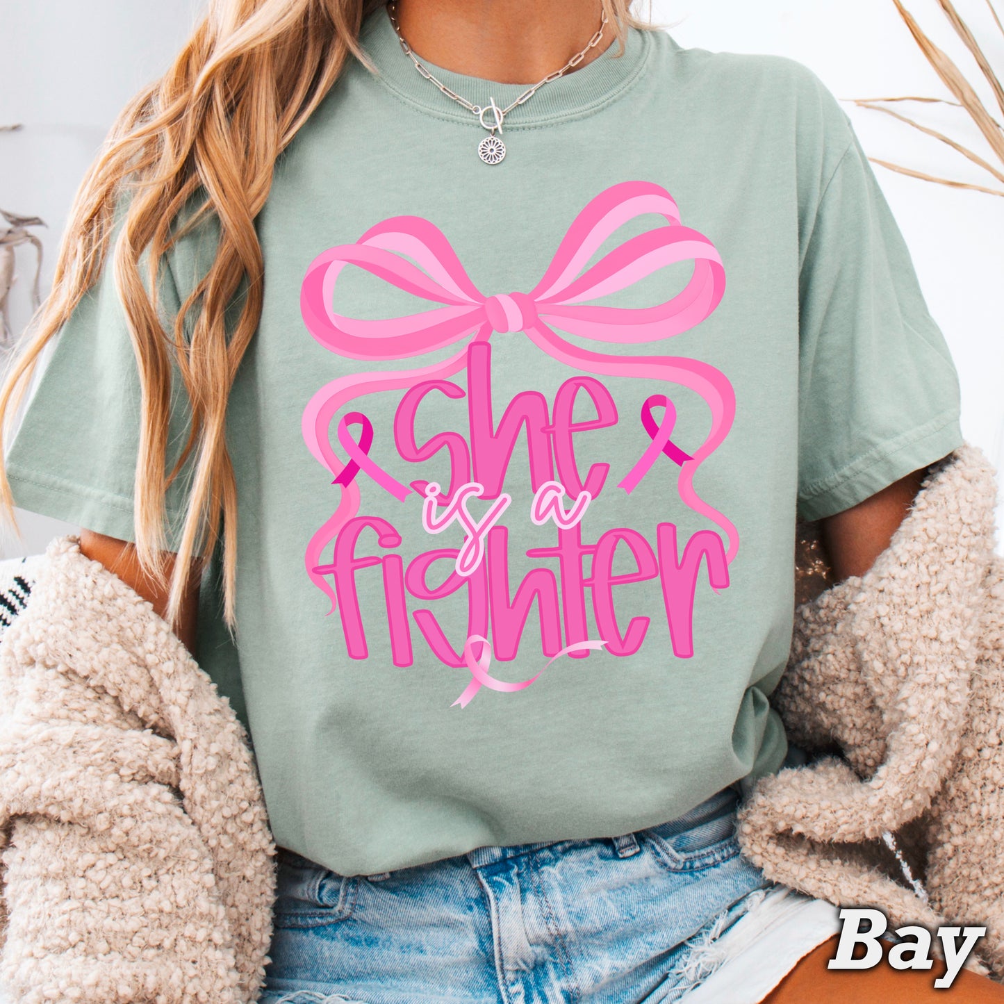 She Is A Fighter Breast Cancer Comfort Color Graphic Tee