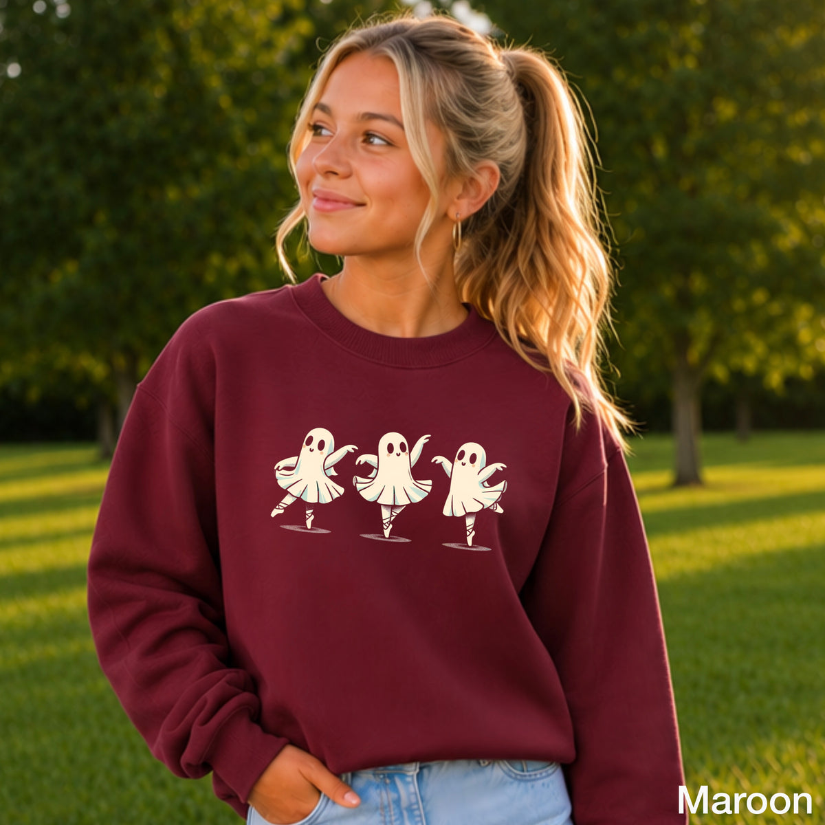 Ballerina Dancing Ghost Halloween Youth Crewneck Sweatshirt