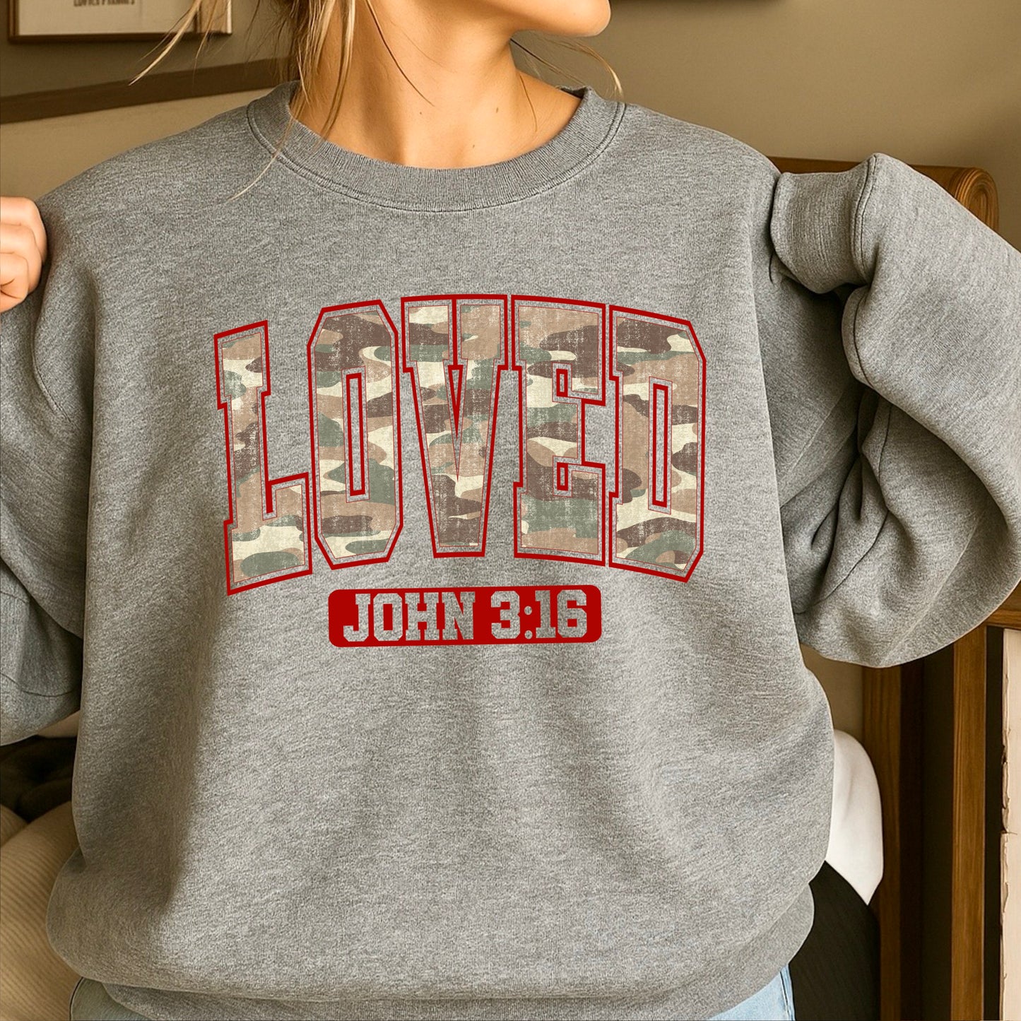 Camo Loved John 3:16 Valentine’s Day Crewneck Sweatshirt