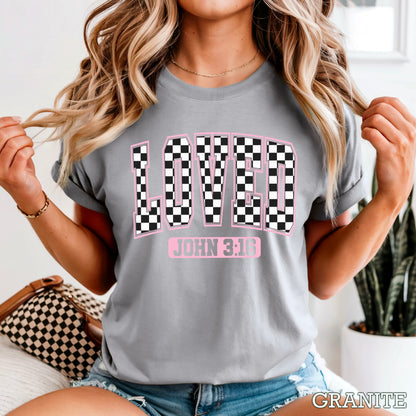 Checkered Loved John 3:16 Valentine’s Day Comfort Color Graphic Tee