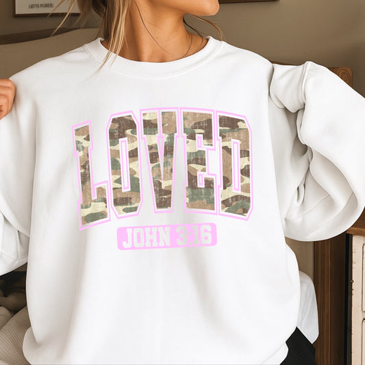 Camo Loved John 3:16 Valentine’s Day Crewneck Sweatshirt