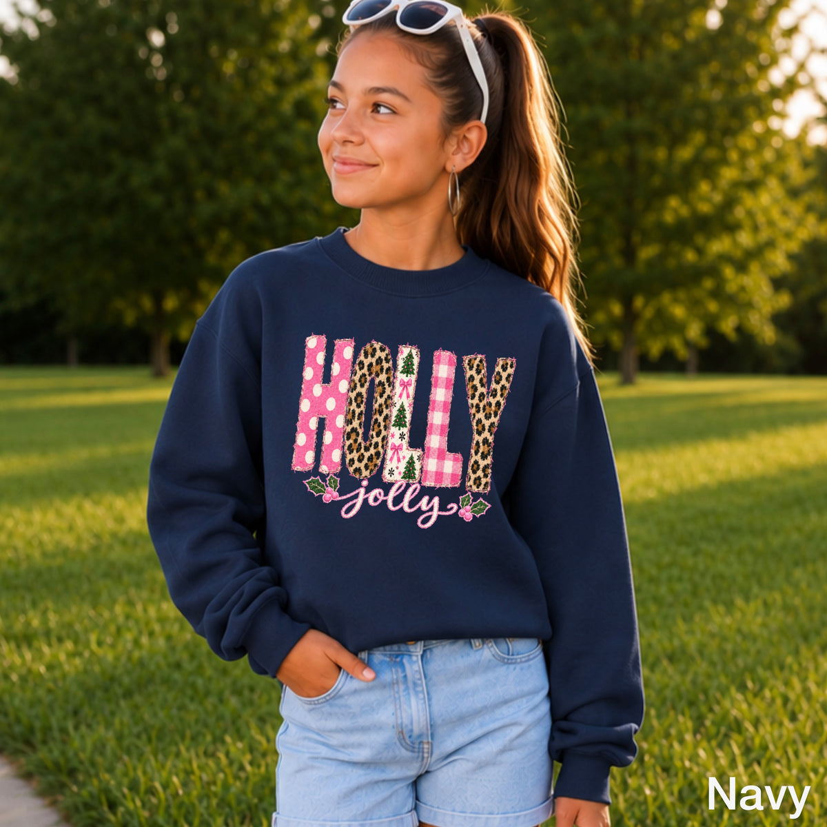 Leopard Holly Jolly Christmas Youth Crewneck Sweatshirt