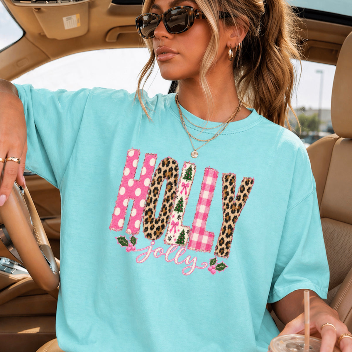 Leopard Holly Jolly Christmas Comfort Color Graphic Tee