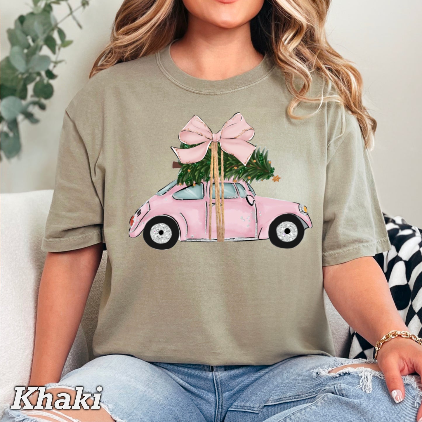 Pink Christmas Car Comfort Color Graphic Tee