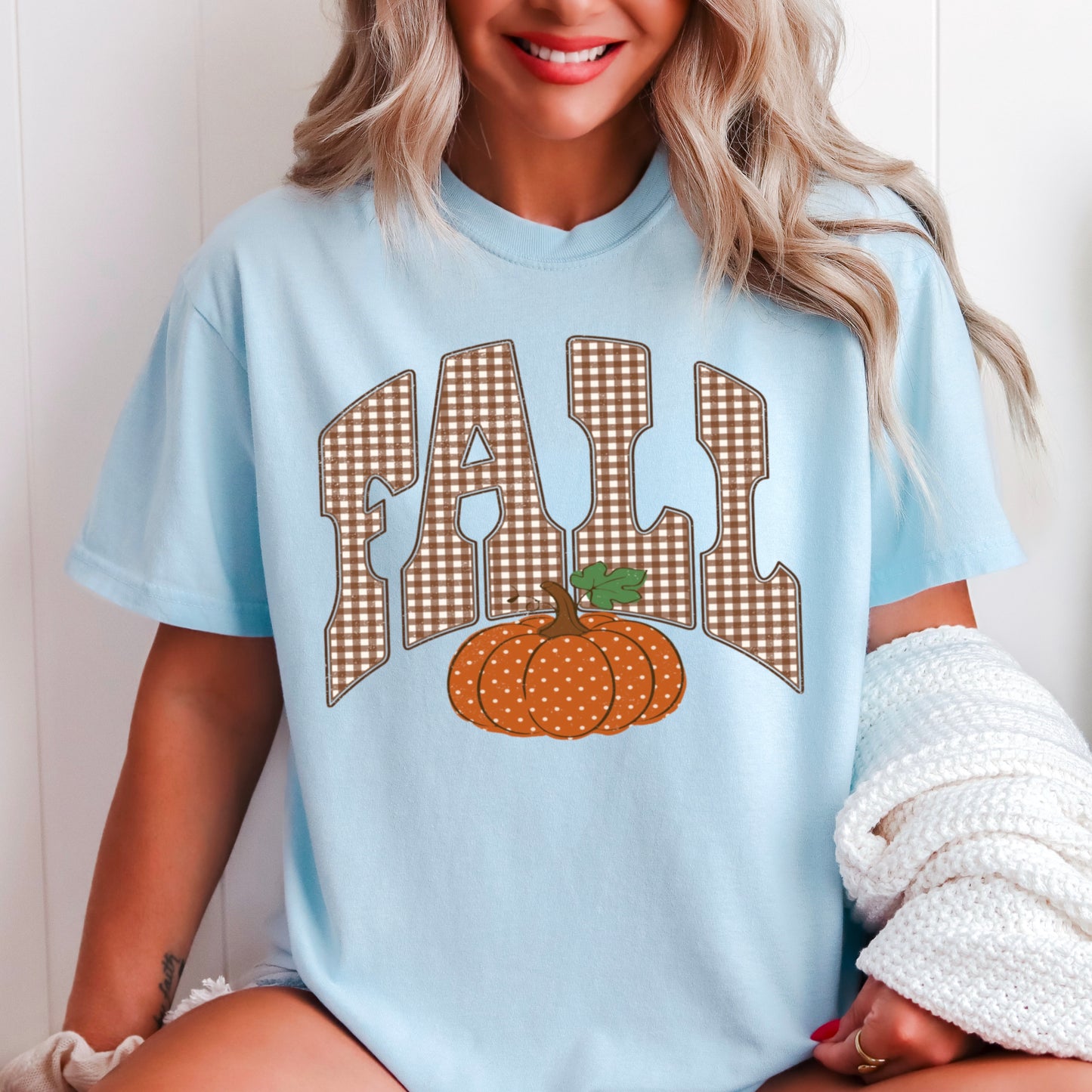Gingham Fall Pumpkin Comfort Color Graphic Tee