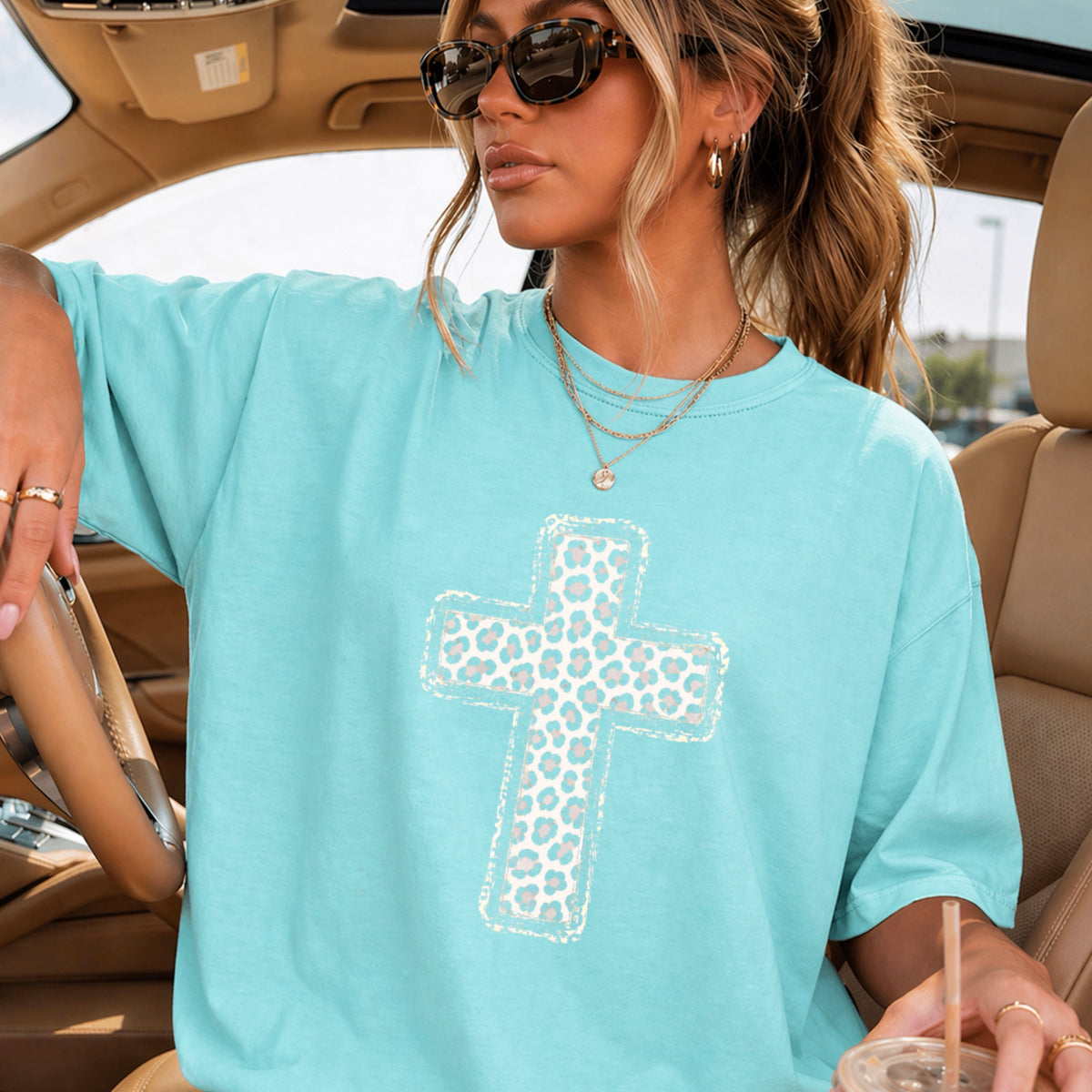 Snow Leopard Cross Christian Comfort Color Graphic Tee
