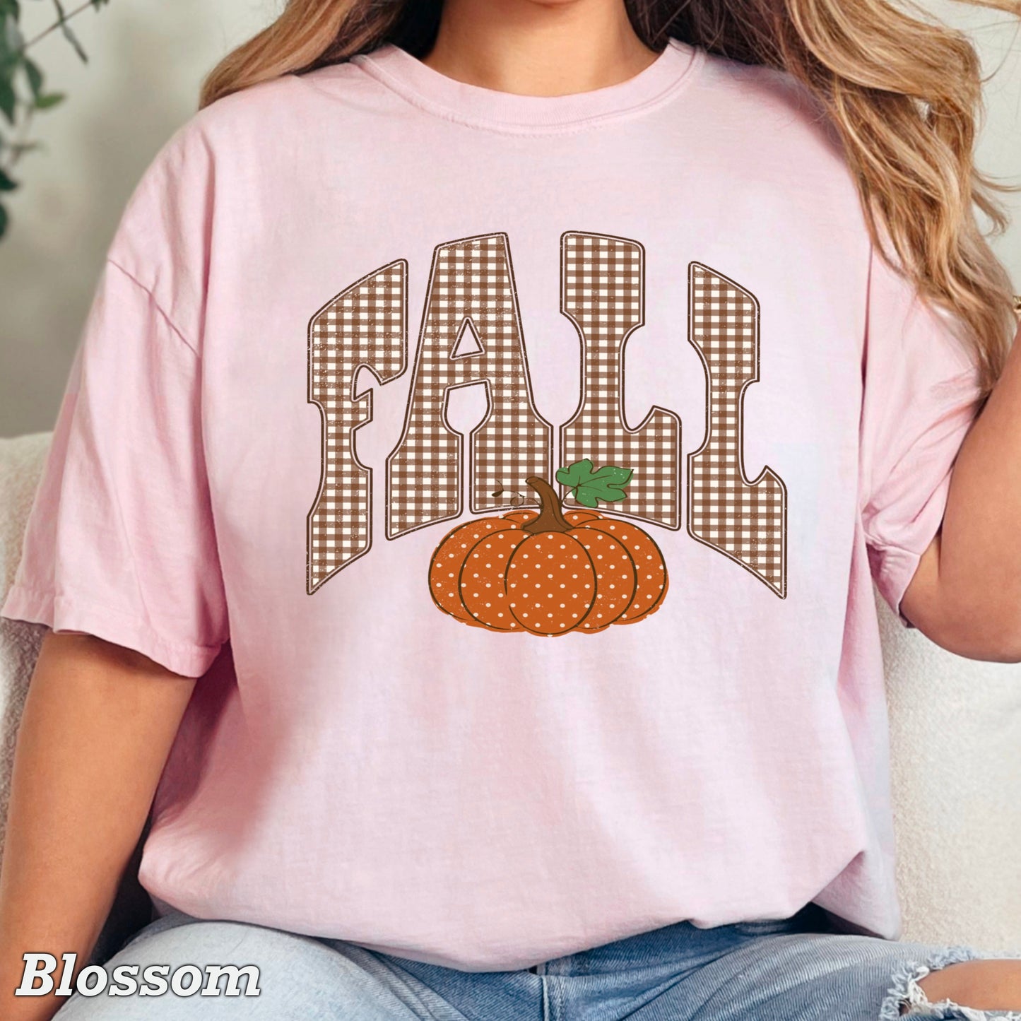 Gingham Fall Pumpkin Comfort Color Graphic Tee