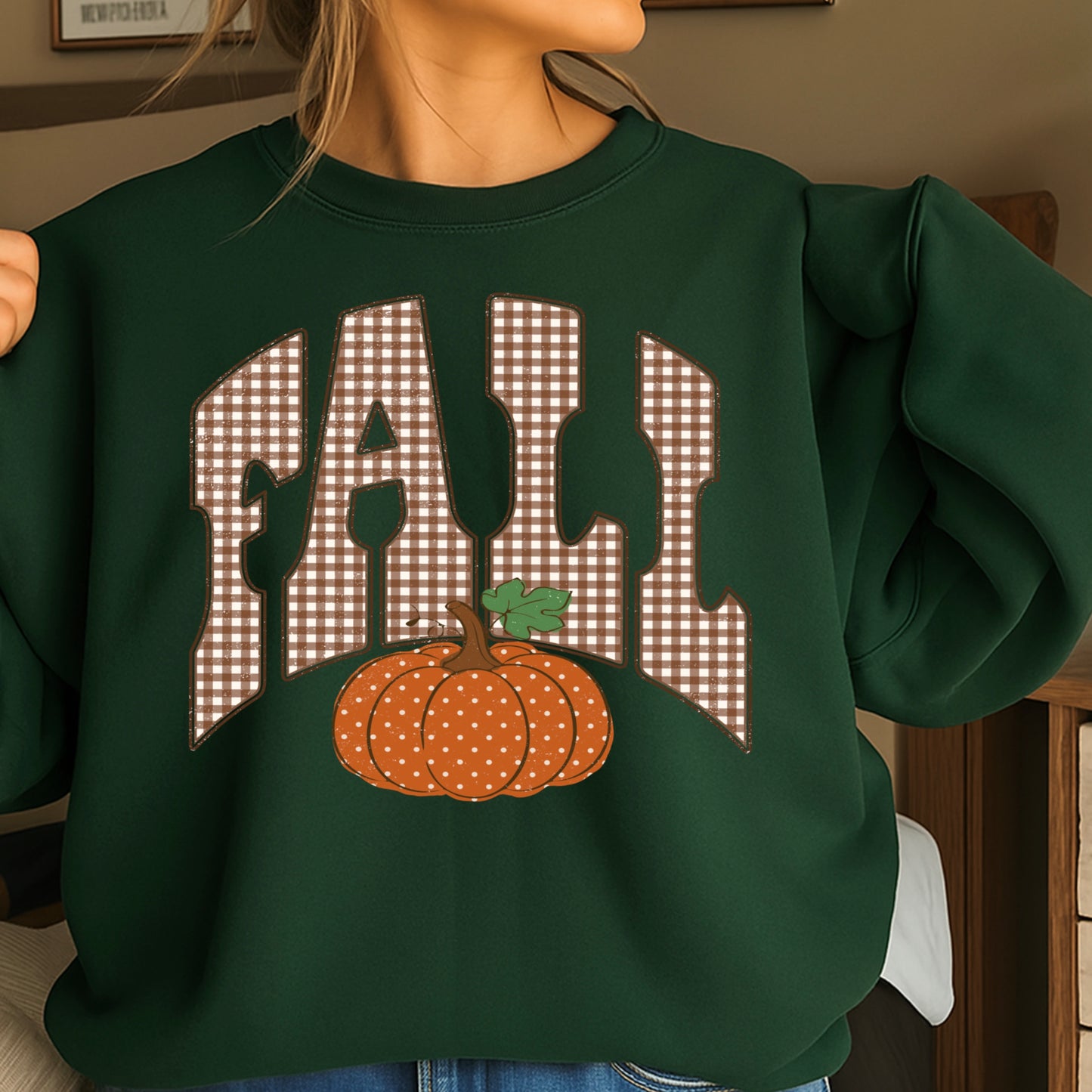 Fall Pumpkin Gingham Crewneck Sweatshirt