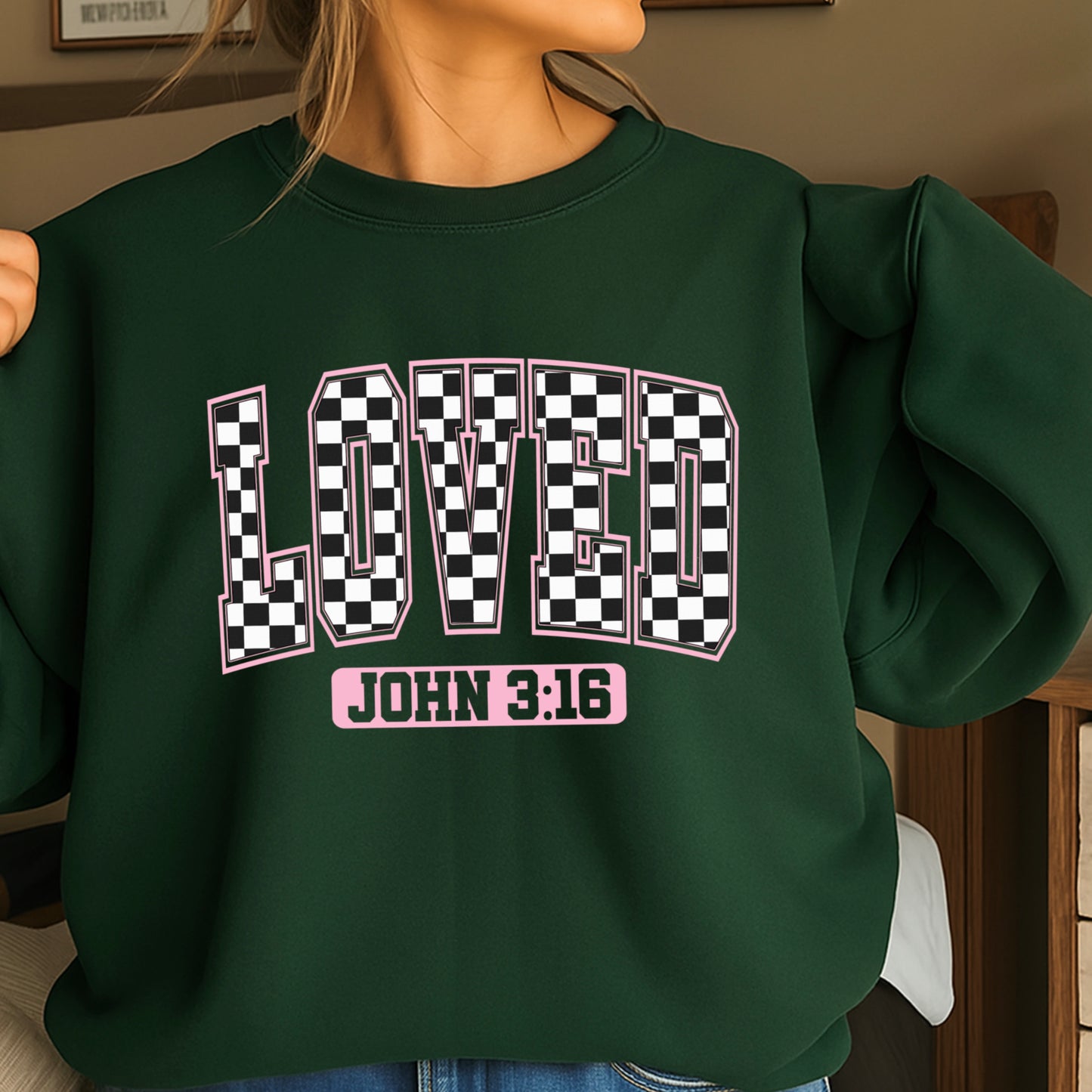 Checkered Loved John 3:16 Valentine’s Day Crewneck Sweatshirt