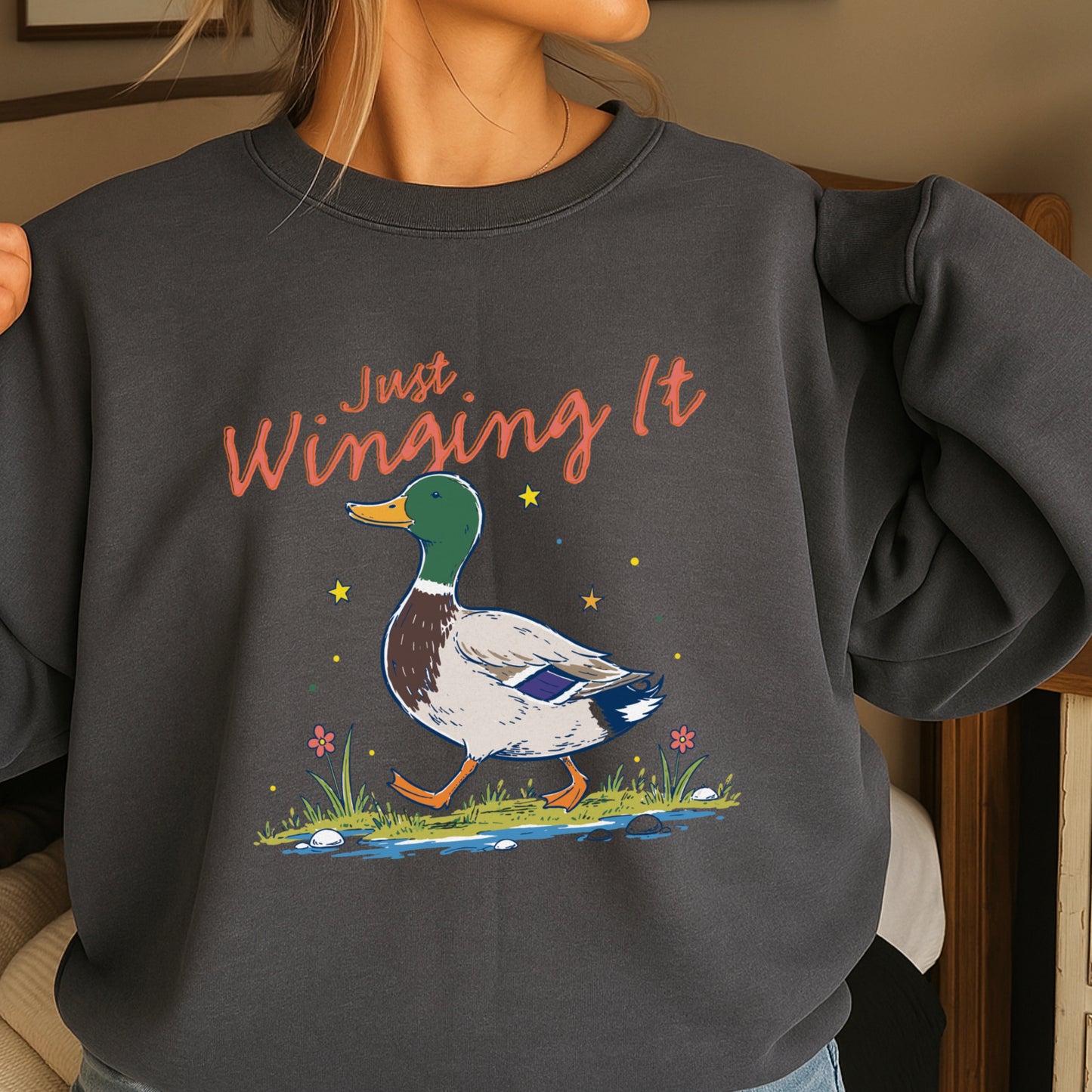 Just Winging It Mallard Duck Crewneck Sweatshirt