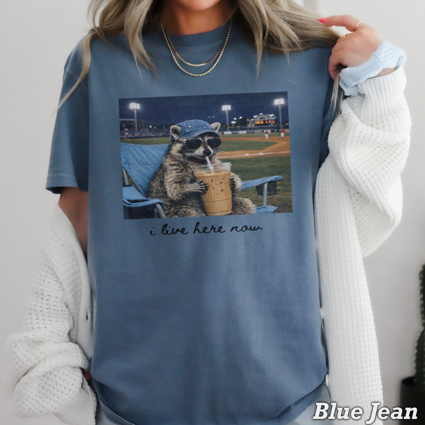 I Live Here Now Raccoon Baseball Comfort Color Graphic Tee