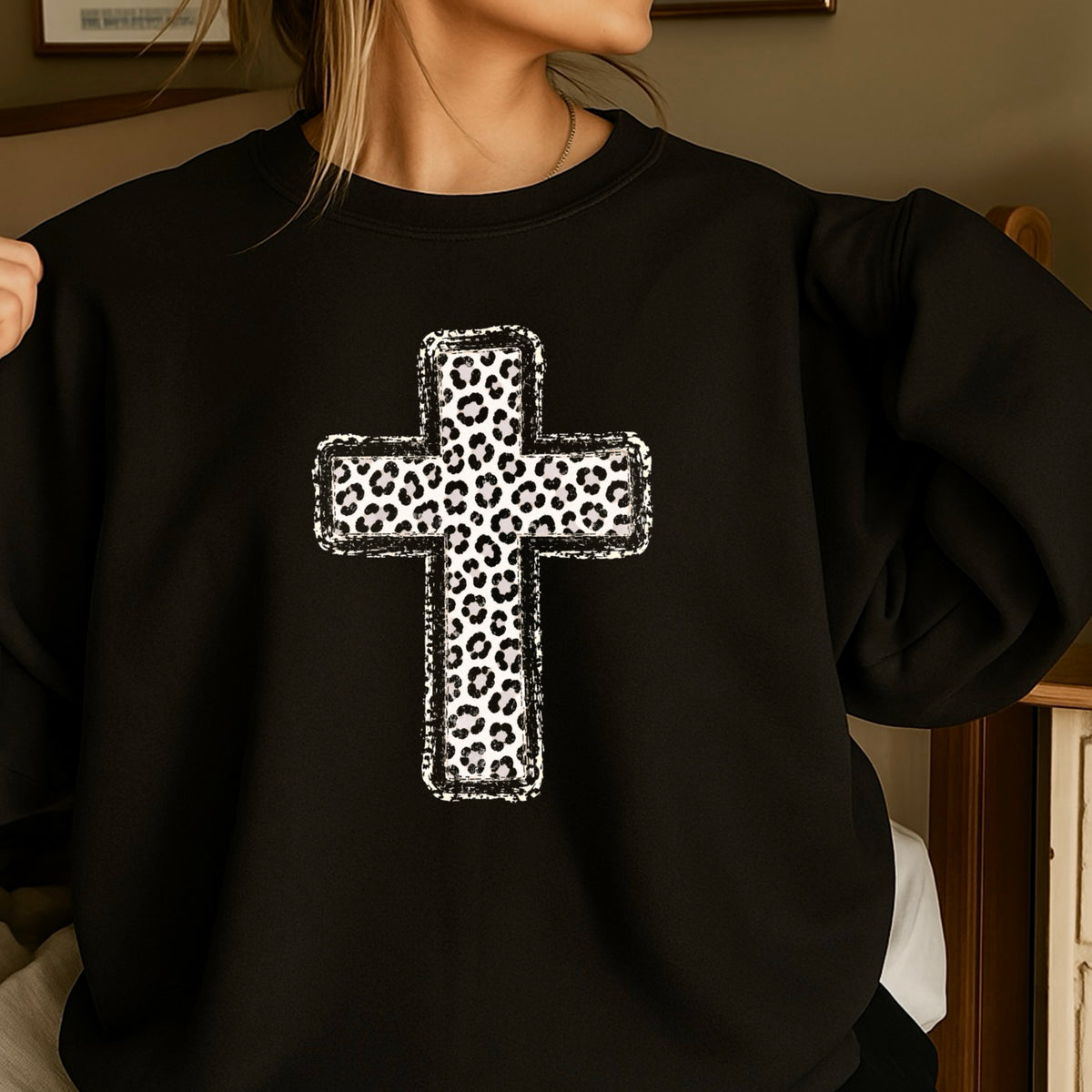 Snow Leopard Cross Christian Crewneck Sweatshirt
