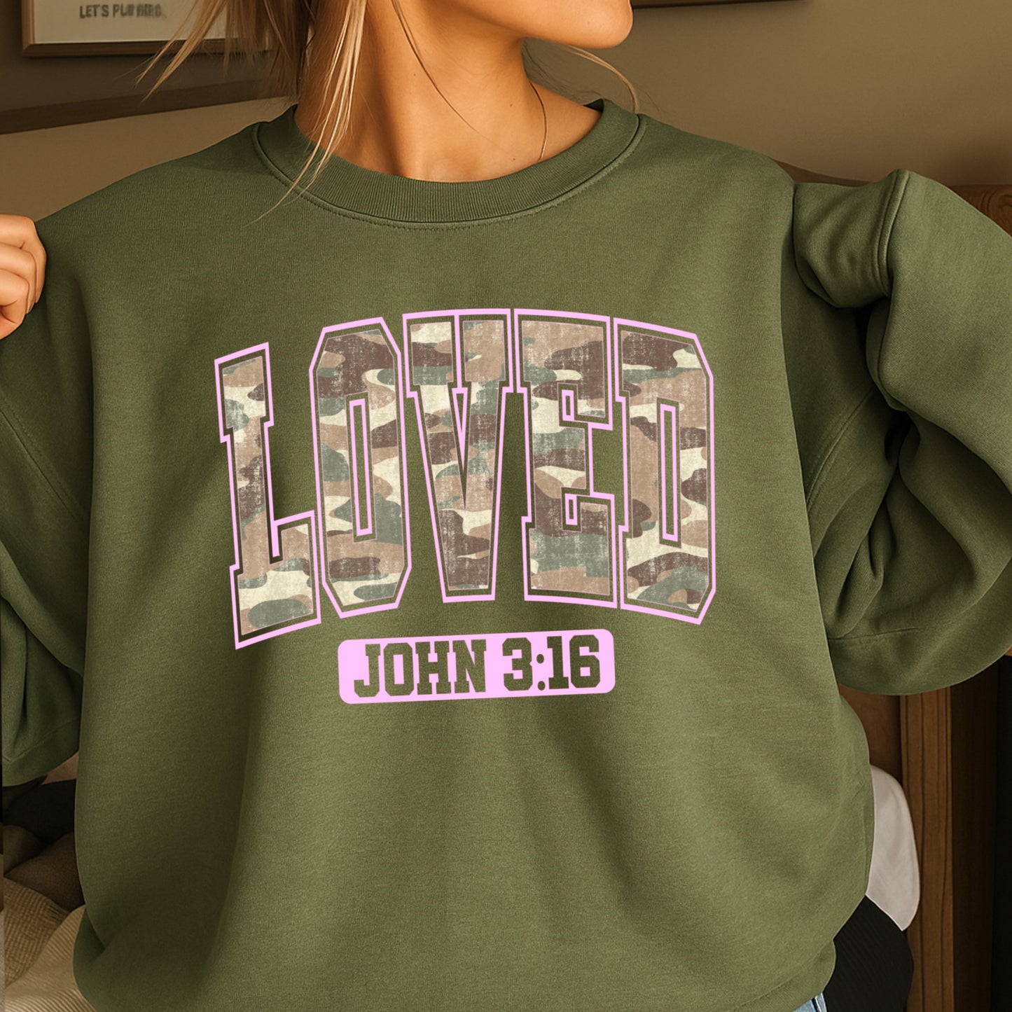 Camo Loved John 3:16 Valentine’s Day Crewneck Sweatshirt