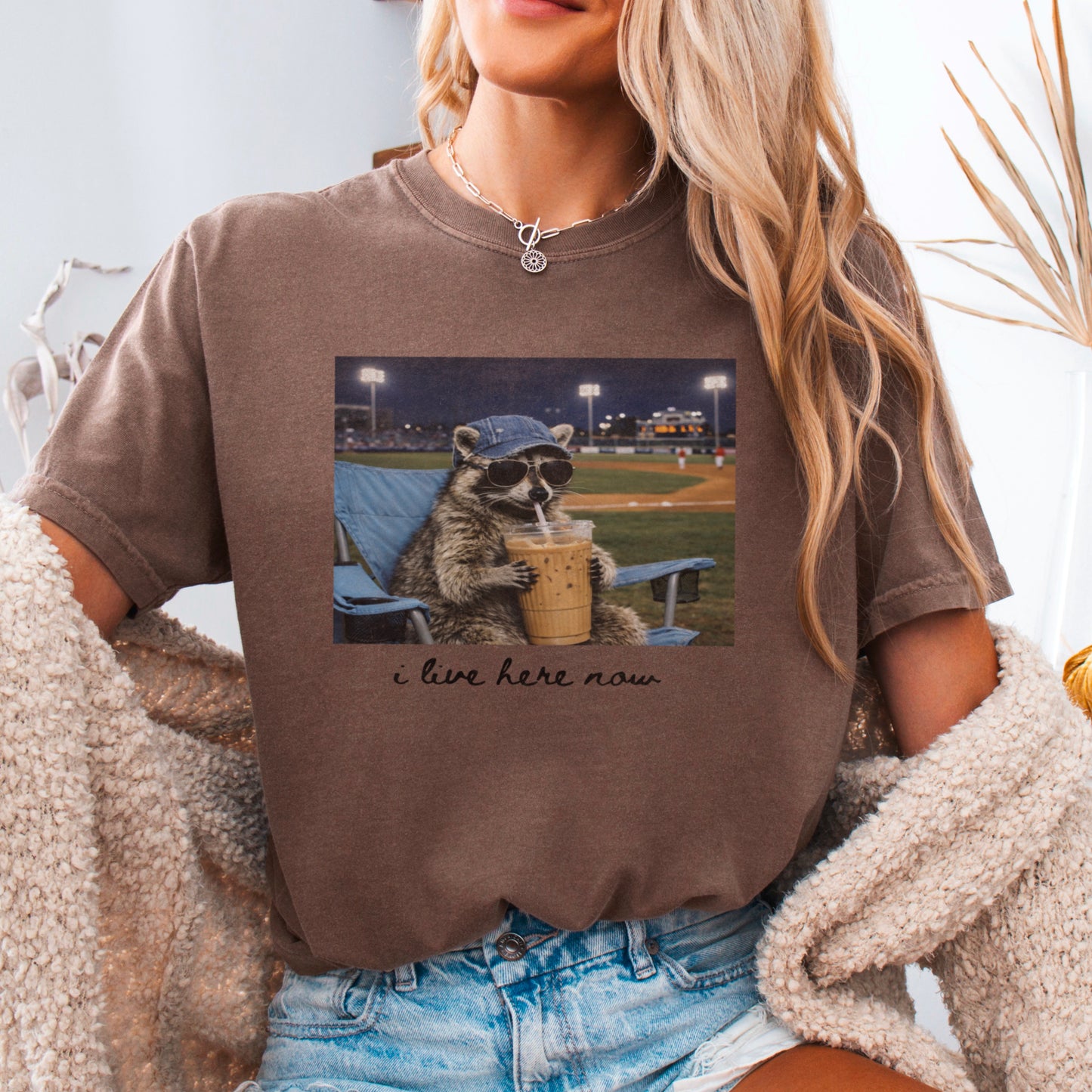 I Live Here Now Raccoon Baseball Comfort Color Graphic Tee