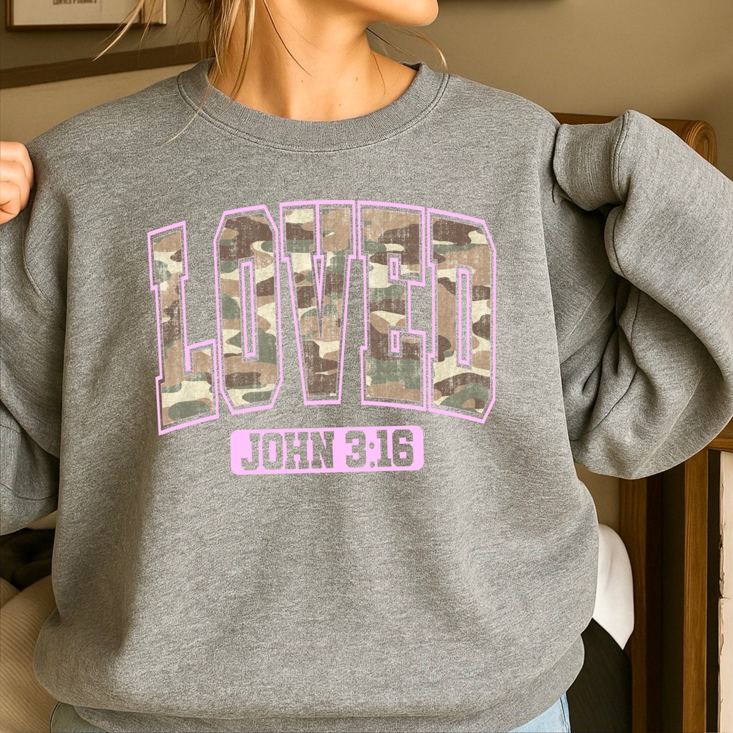 Camo Loved John 3:16 Valentine’s Day Crewneck Sweatshirt