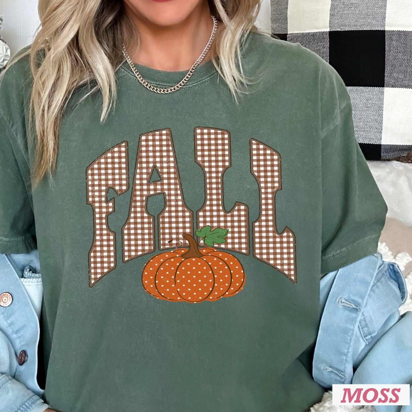 Gingham Fall Pumpkin Comfort Color Graphic Tee