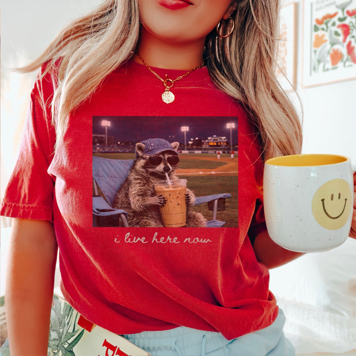 I Live Here Now Raccoon Baseball Comfort Color Graphic Tee