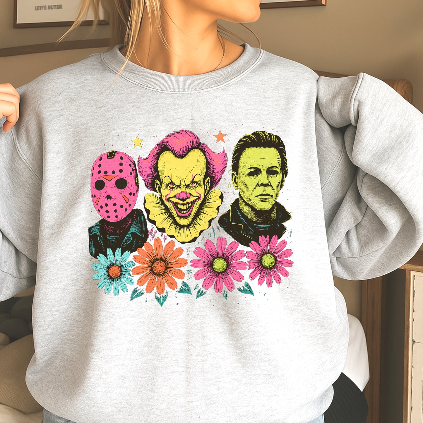 Floral Horror Film Characters Halloween Crewneck Sweatshirt