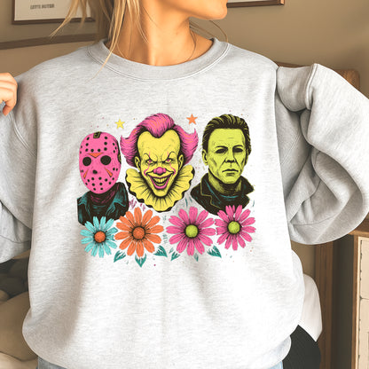 Floral Horror Film Characters Halloween Crewneck Sweatshirt