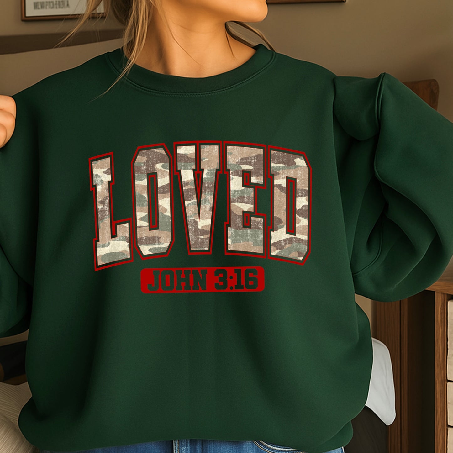 Camo Loved John 3:16 Valentine’s Day Crewneck Sweatshirt