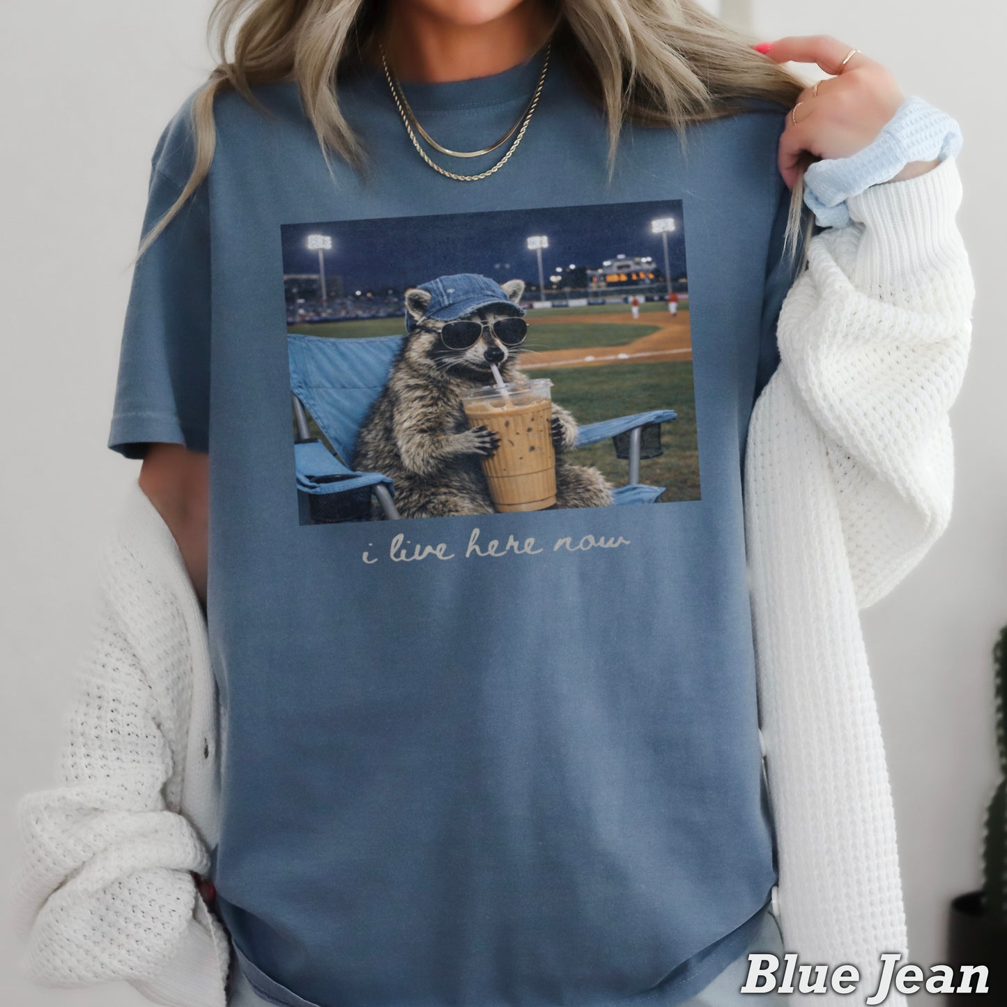 I Live Here Now Raccoon Baseball Comfort Color Graphic Tee