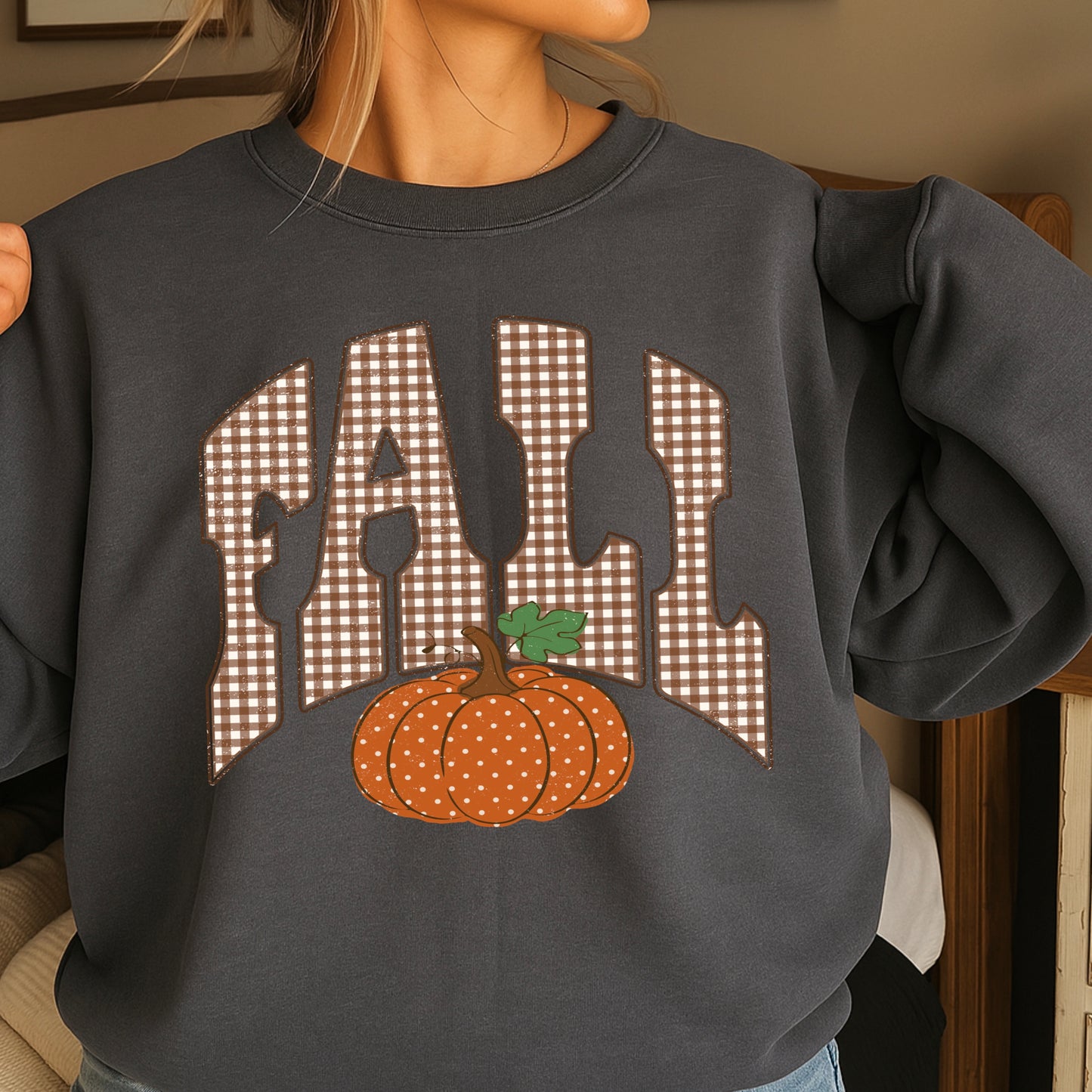 Fall Pumpkin Gingham Crewneck Sweatshirt
