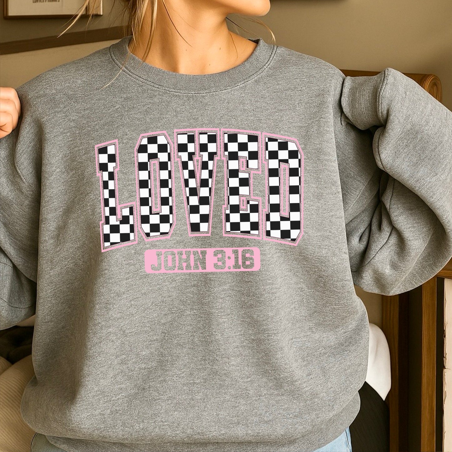 Checkered Loved John 3:16 Valentine’s Day Crewneck Sweatshirt