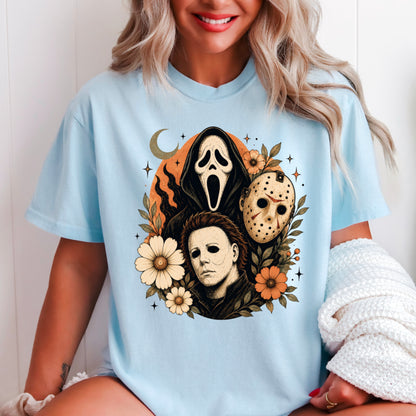 Floral Halloween Characters Comfort Color Graphic Tee