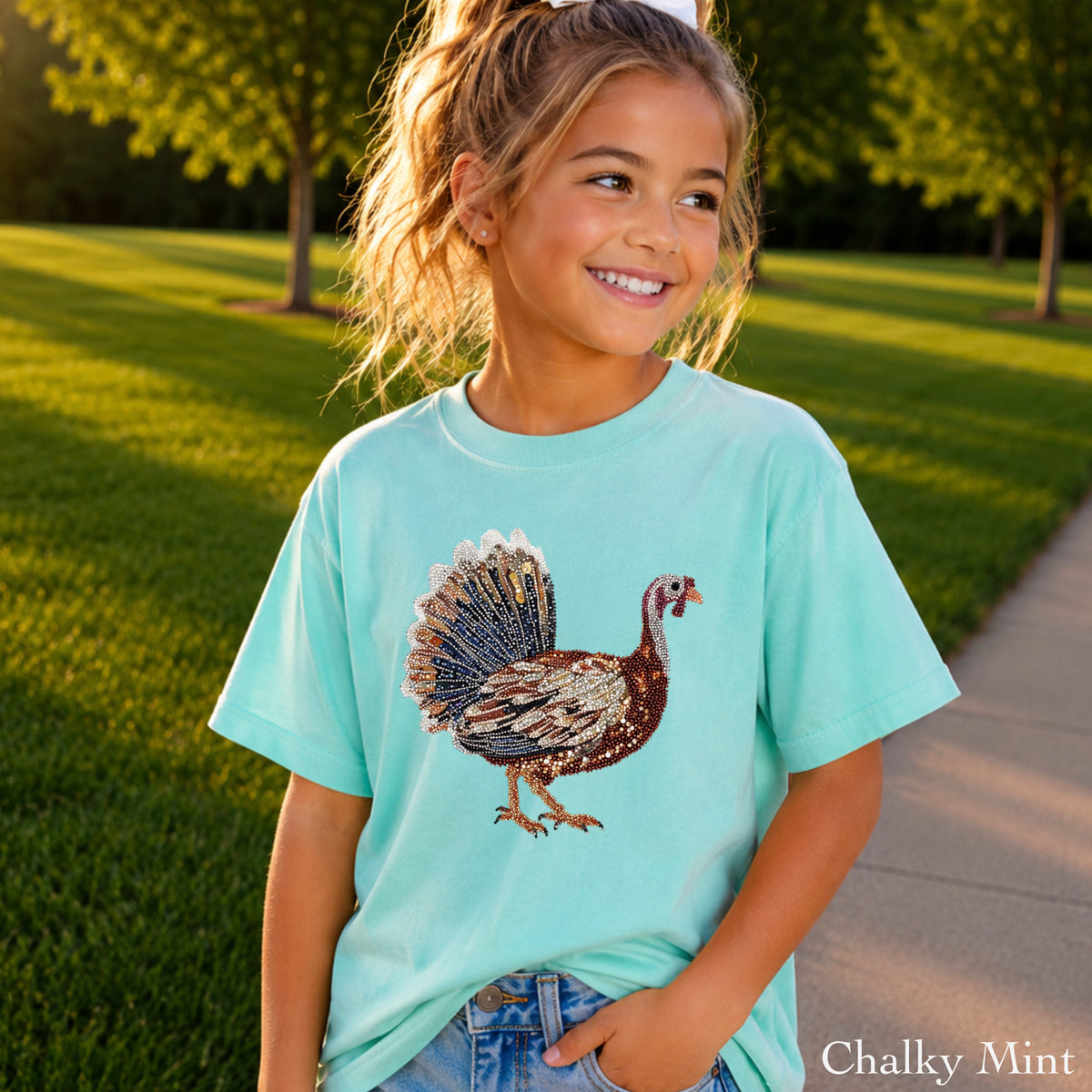 Faux Rhinestone Turkey Youth Comfort Color T-Shirt