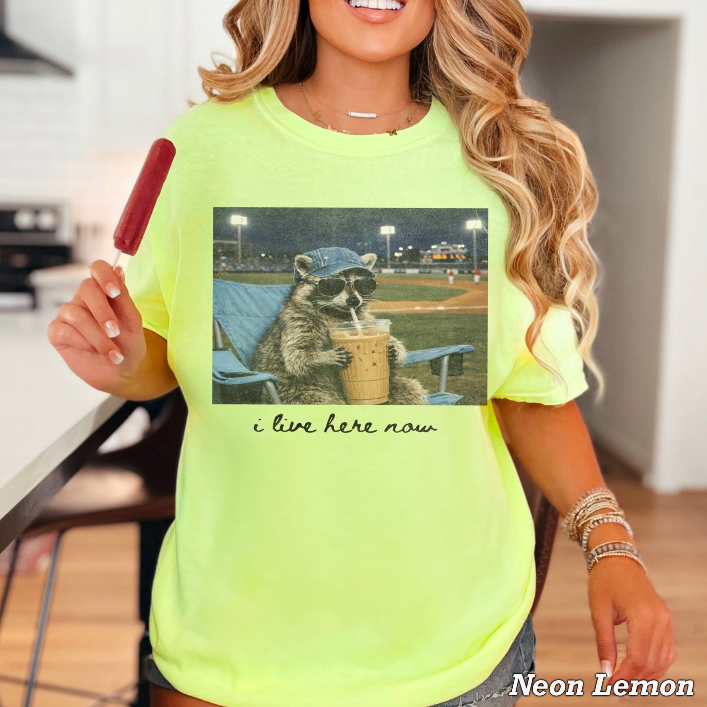 I Live Here Now Raccoon Baseball Comfort Color Graphic Tee