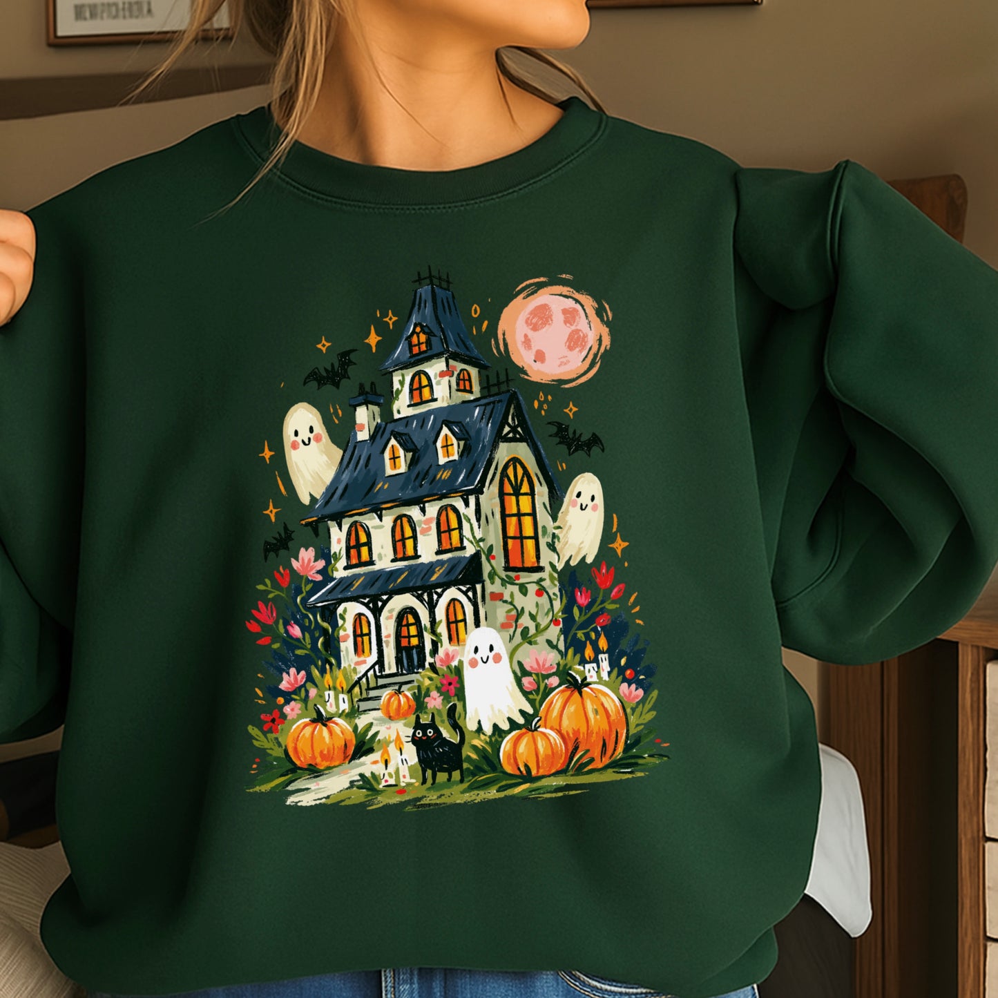 Haunted House Halloween Crewneck Sweatshirt