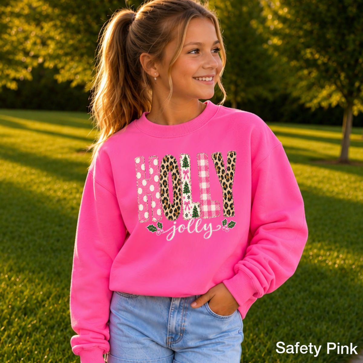 Leopard Holly Jolly Christmas Youth Crewneck Sweatshirt
