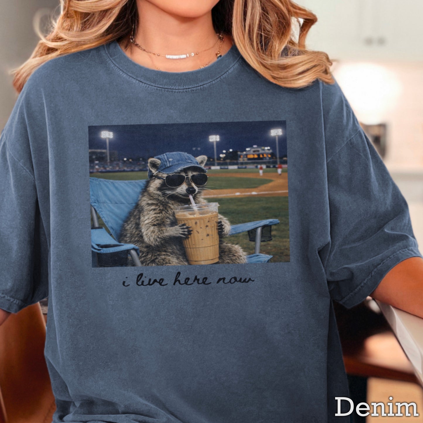 I Live Here Now Raccoon Baseball Comfort Color Graphic Tee