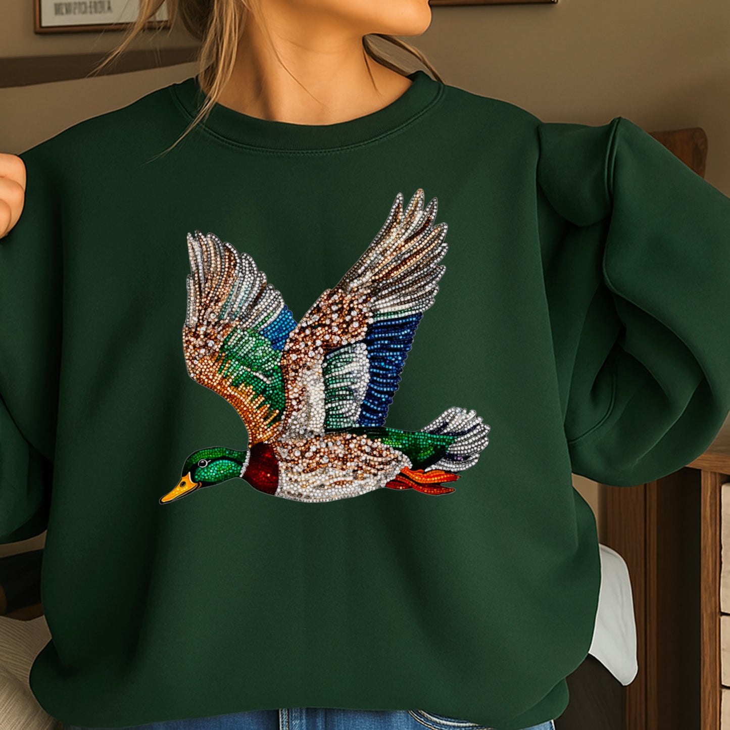 Faux Rhinestone Mallard Duck Crewneck Sweatshirt