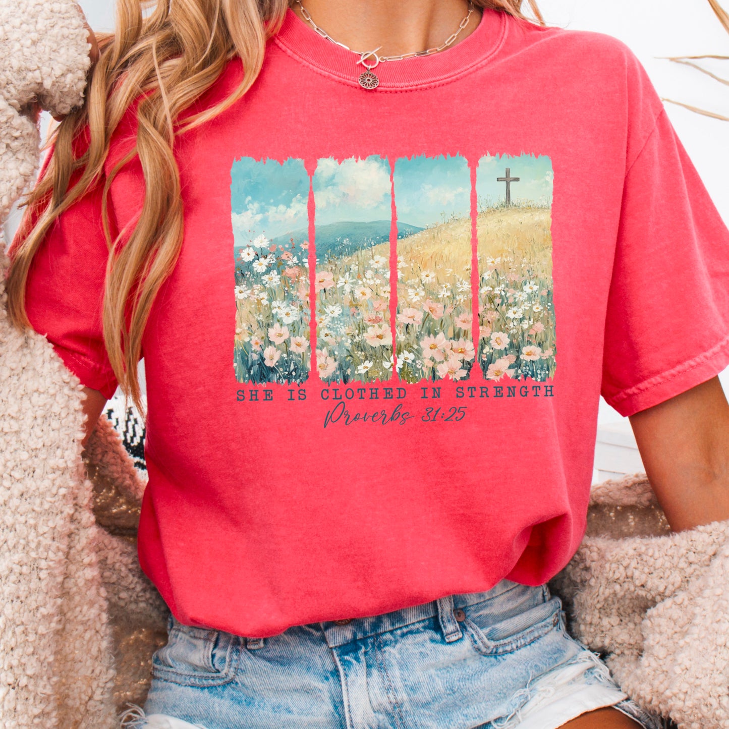 She Is Clothed In Strength Christian Comfort Color Graphic Tee