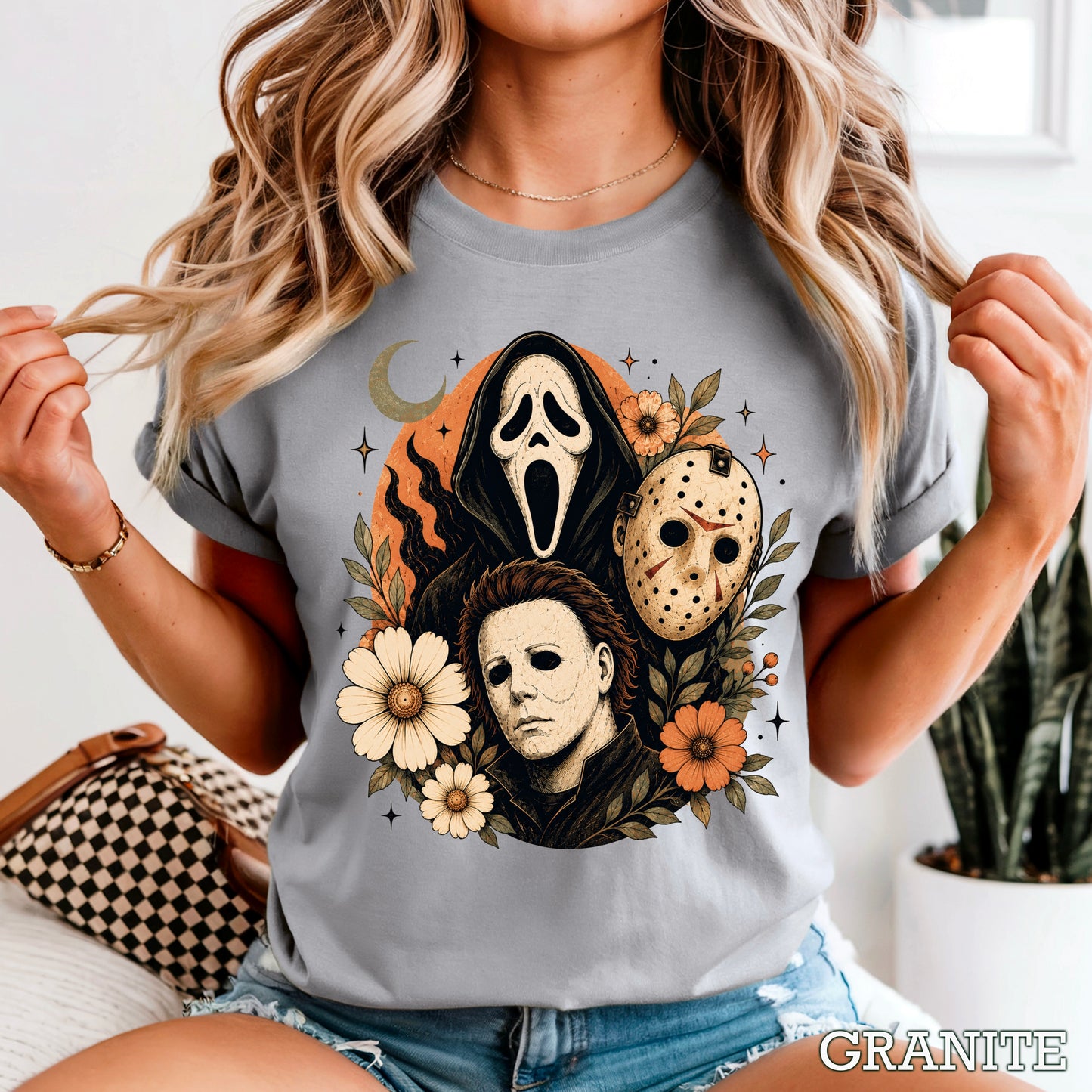 Floral Halloween Characters Comfort Color Graphic Tee
