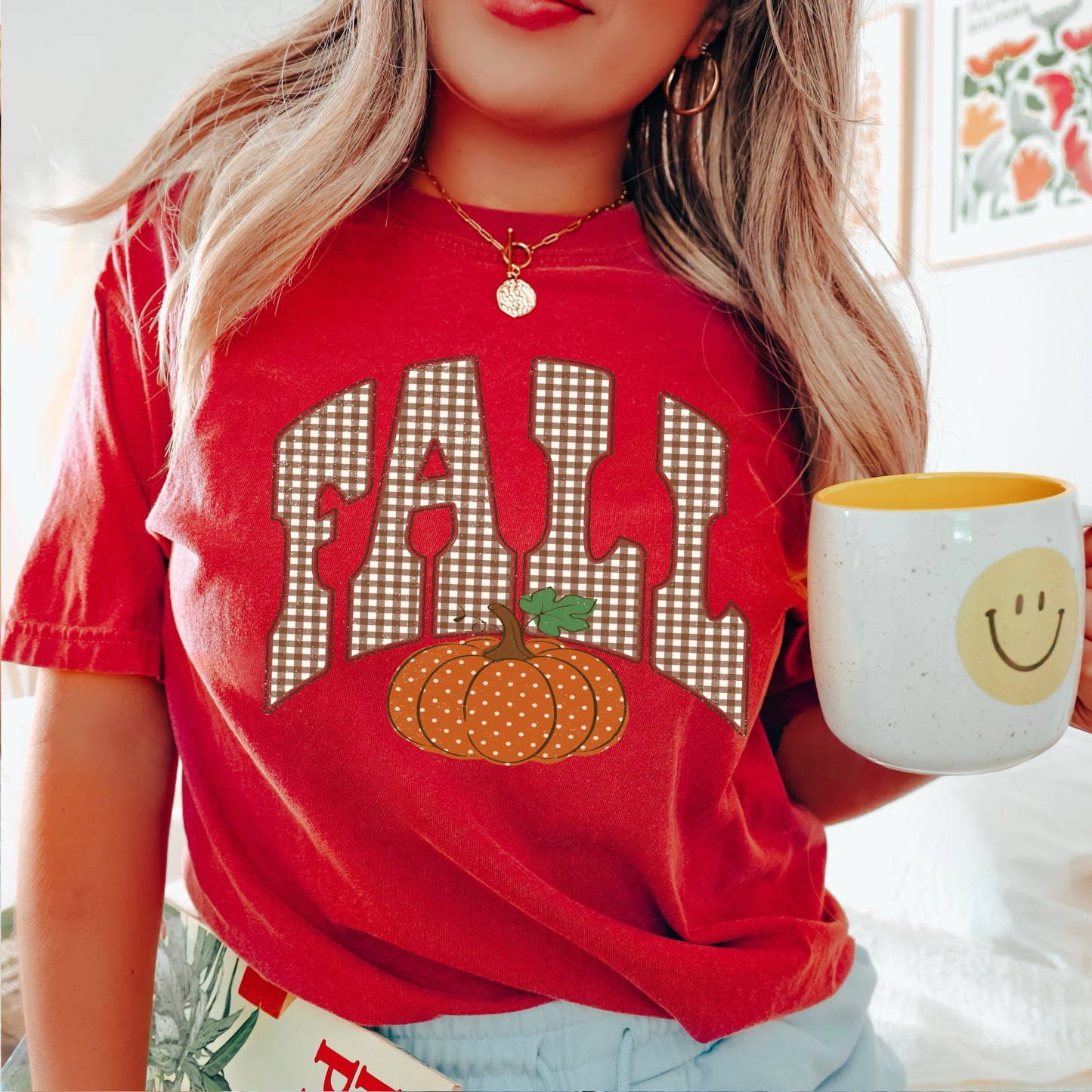 Gingham Fall Pumpkin Comfort Color Graphic Tee