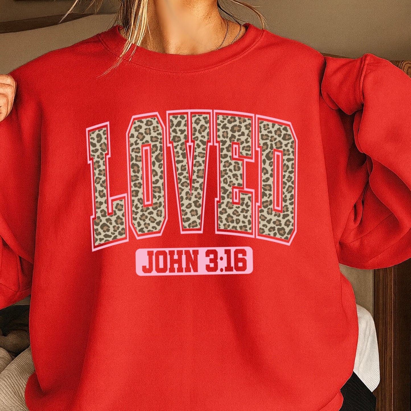 Leopard Loved John 3:16 Valentine’s Day Crewneck Sweatshirt
