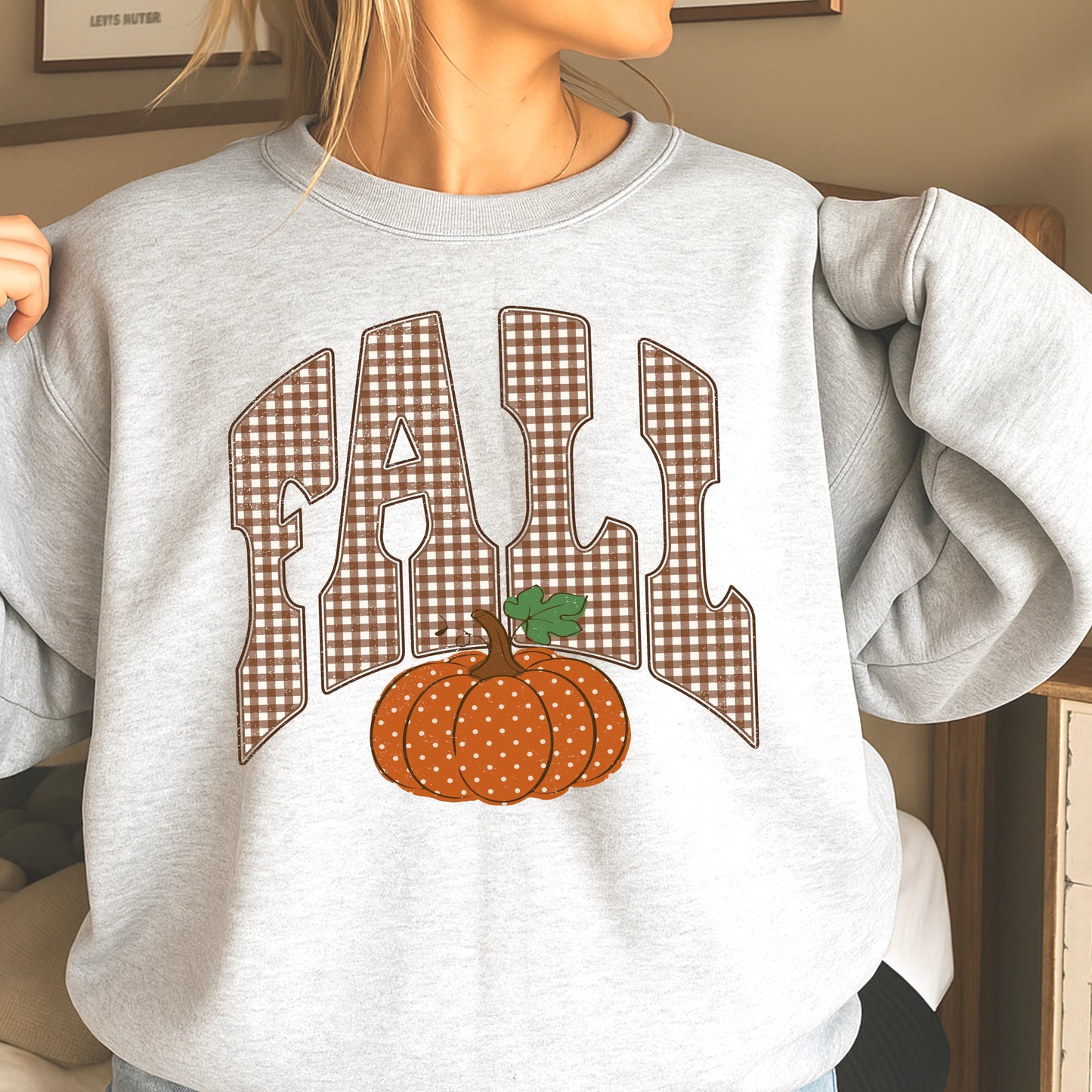 Fall Pumpkin Gingham Crewneck Sweatshirt