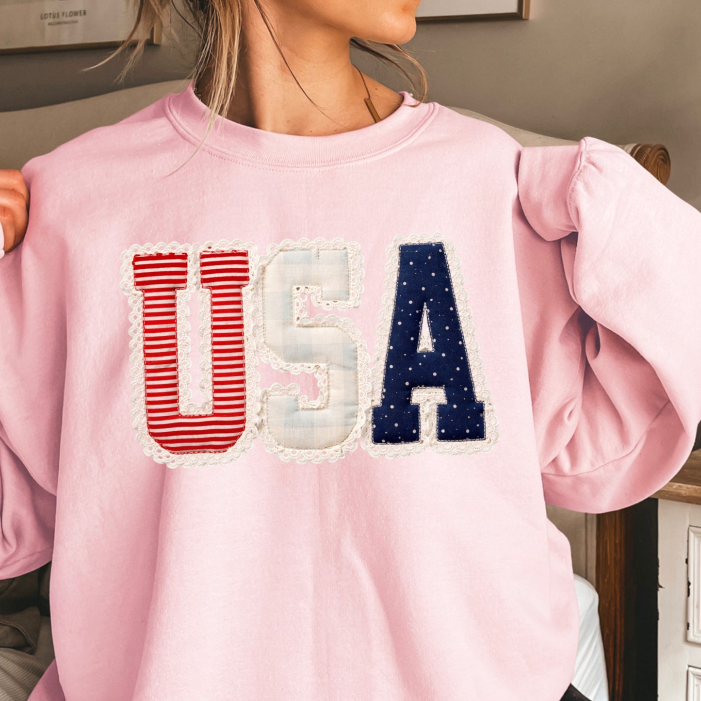 USA Quilted Lace Crewneck Sweatshirt