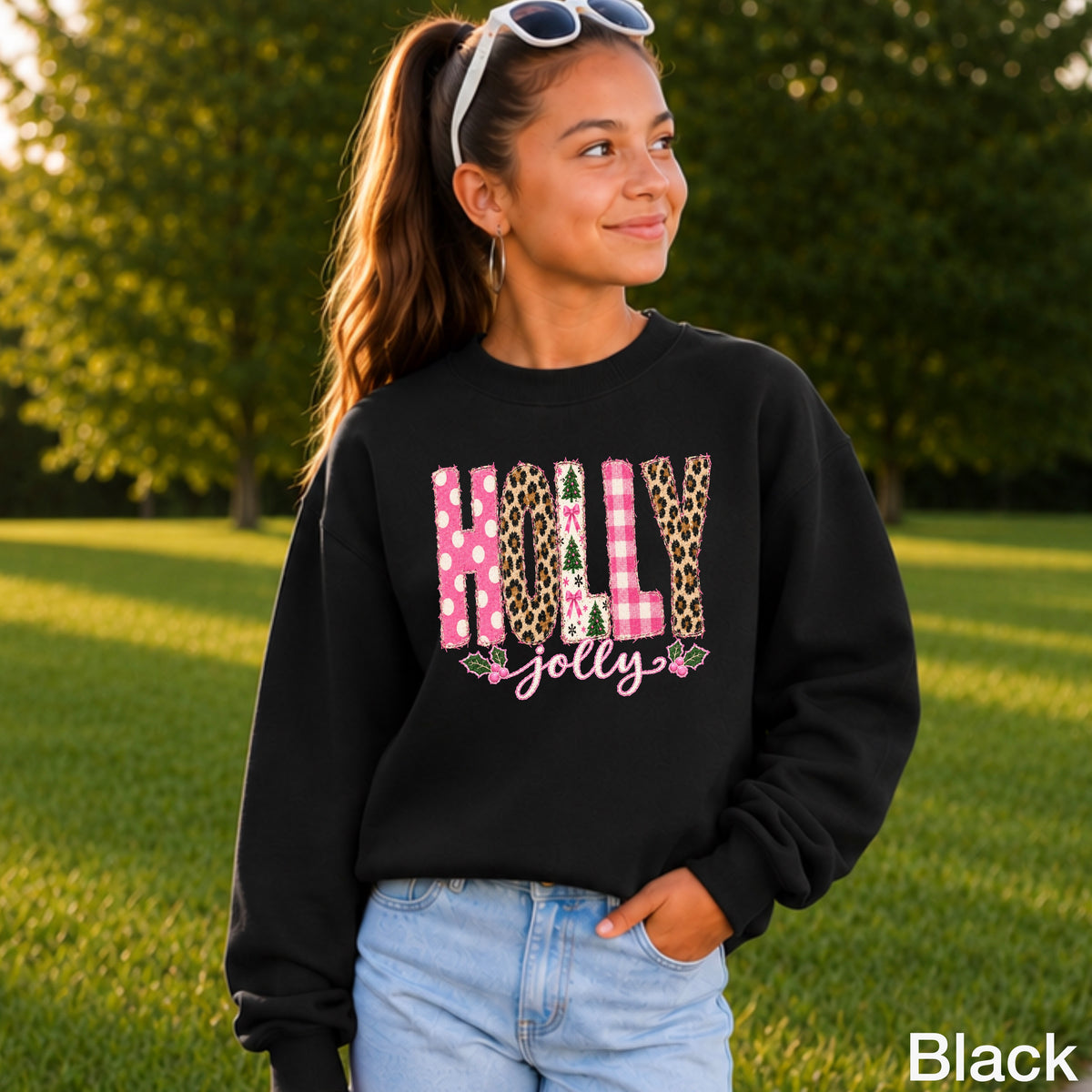 Leopard Holly Jolly Christmas Youth Crewneck Sweatshirt