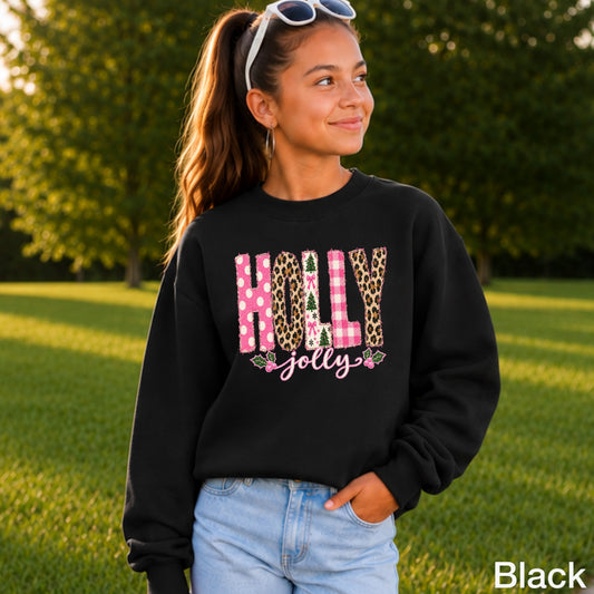 Leopard Holly Jolly Christmas Youth Crewneck Sweatshirt