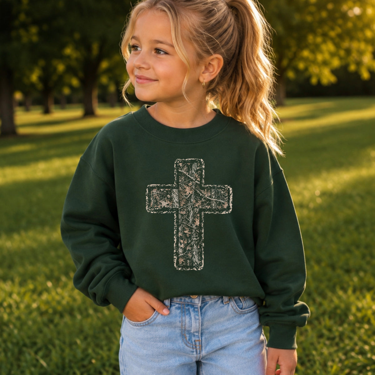 Camo Cross Christian Youth Crewneck Sweatshirt